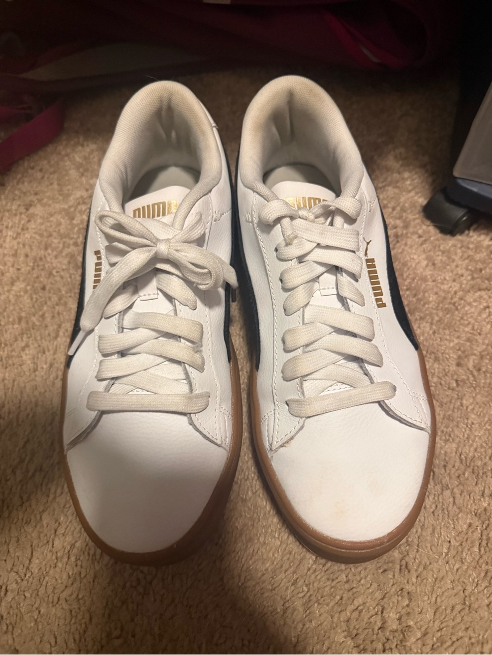 Puma Men’s White Leather Sneakers with Gum Sole and Gold Logo